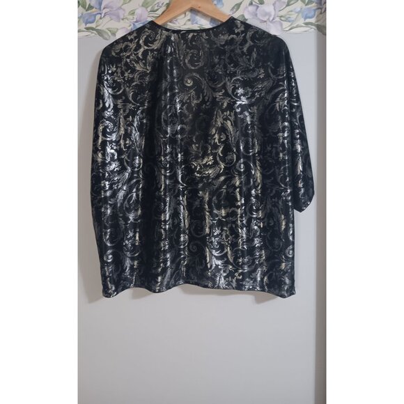 Studio C Satin XL Black Silver Vintage Party Event Flowy Paisley Button Top - Picture 5 of 5